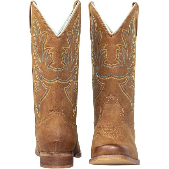 Women's Tan Square Toe Mid Calf Shoes Pull On Fashion Embroidered Western Boots - Picture 2 of 9